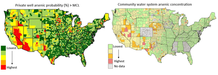 Maps of the US showing the probability of private well arsenic exceeding the MCL and CWS arsenic concentration by county in 2006-2011. High levels of arsenic, indicated in red, are located in the Central Midwest, Southwest, and the Pacific Northwest.