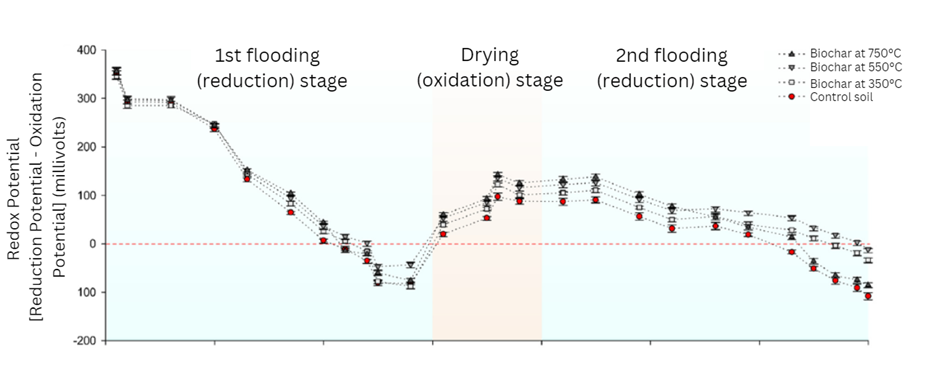 Line chart showing the redox potential over time, shwoing that levels decreased during the 1st and 2nd flooind stage, rose during the drying stage (between the two floods) across all four experiments.