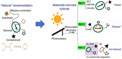 graphic demonstrating nautral bioremediation being enhanced by solar energy to be faster, 